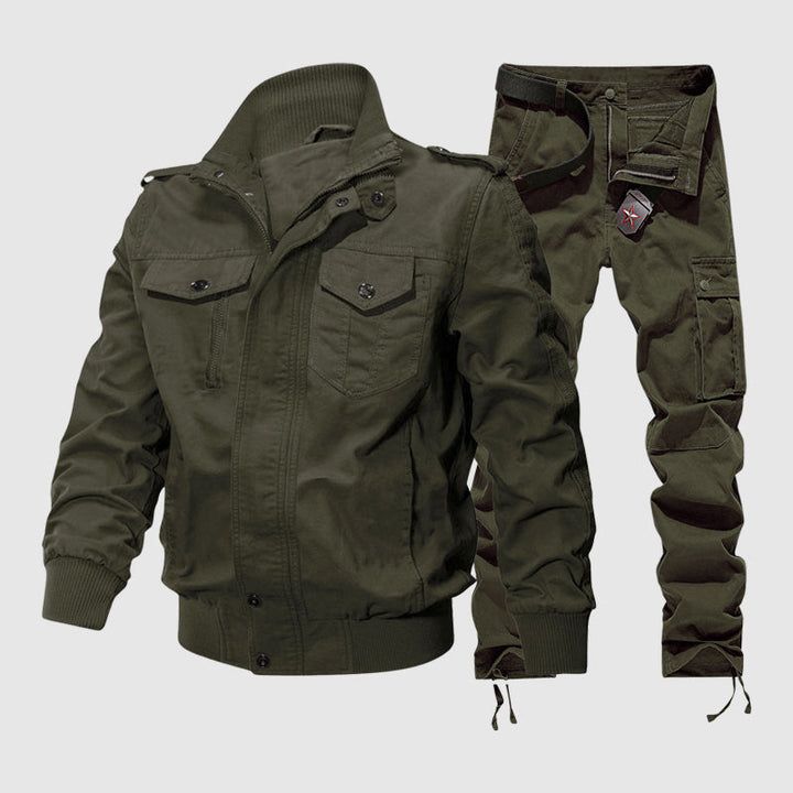 Men's Utility Jacket and Cargo Pants Set | Ribbed Cuffs and Button Pockets Green Set