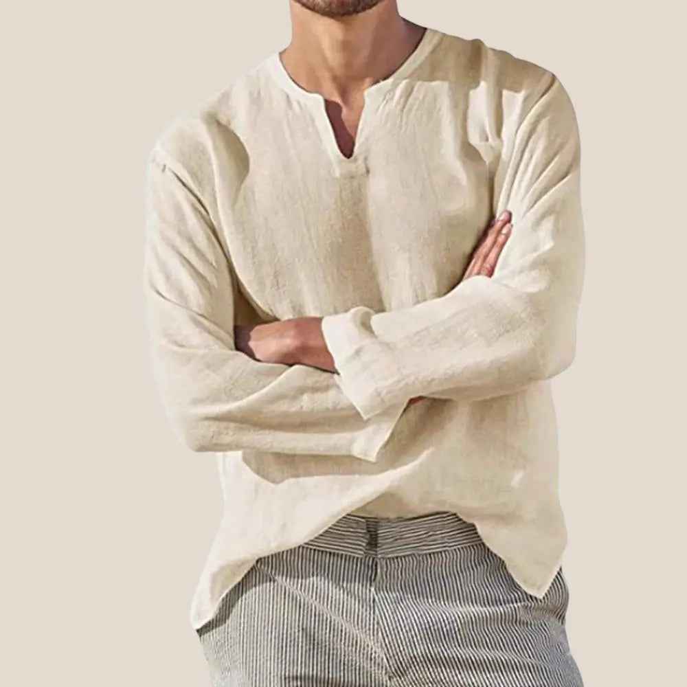 Men's V-Neck Linen Shirt – Breathable Long Sleeve – Loose Fit