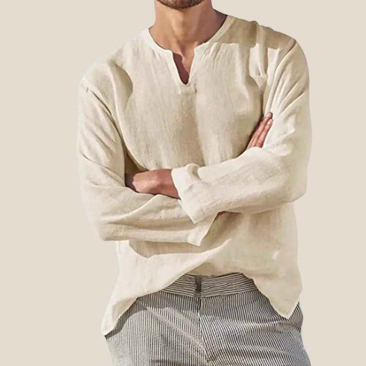 Men's V-Neck Linen Shirt – Breathable Long Sleeve – Loose Fit
