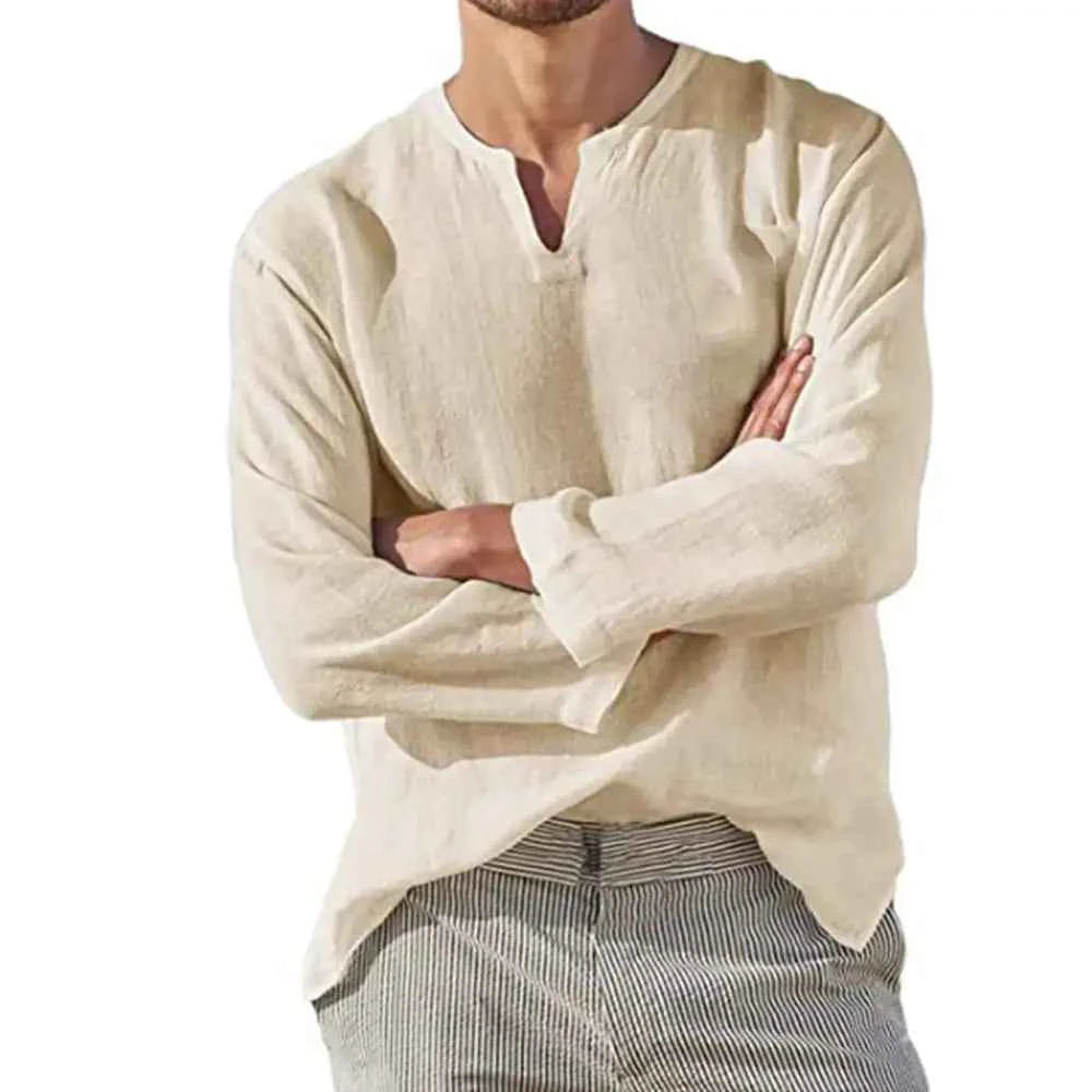 Men's V-Neck Linen Shirt – Breathable Long Sleeve – Loose Fit Khaki