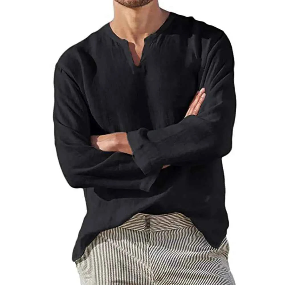 Men's V-Neck Linen Shirt – Breathable Long Sleeve – Loose Fit