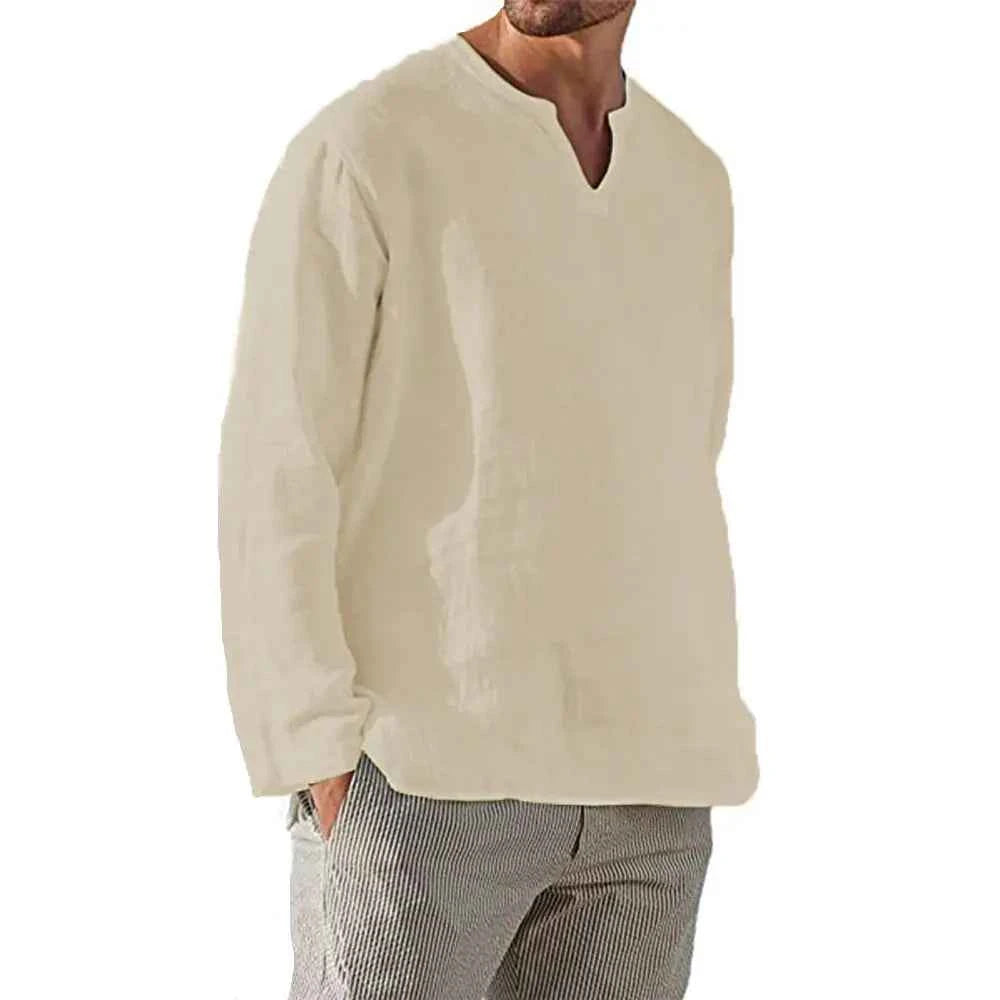 Men's V-Neck Linen Shirt – Breathable Long Sleeve – Loose Fit