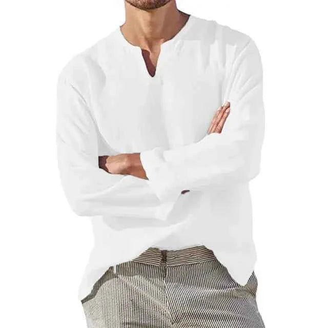Men's V-Neck Linen Shirt – Breathable Long Sleeve – Loose Fit White
