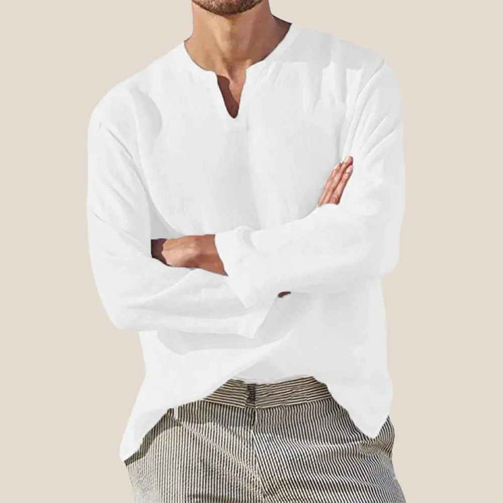Men's V-Neck Linen Shirt – Breathable Long Sleeve – Loose Fit