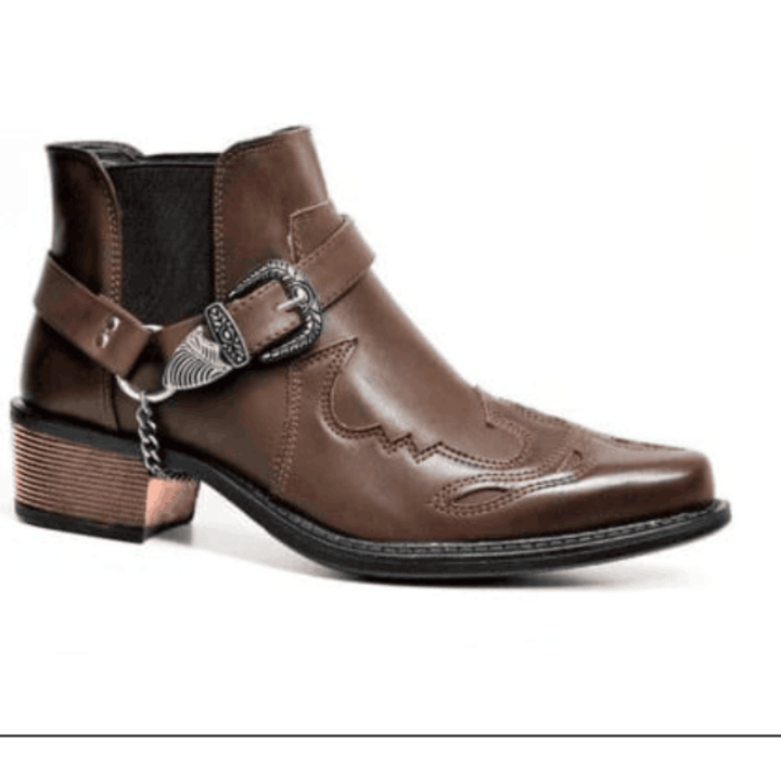 Men's Vintage Cowboy Ankle Boots with Buckles | Pointed Toe Design Brown