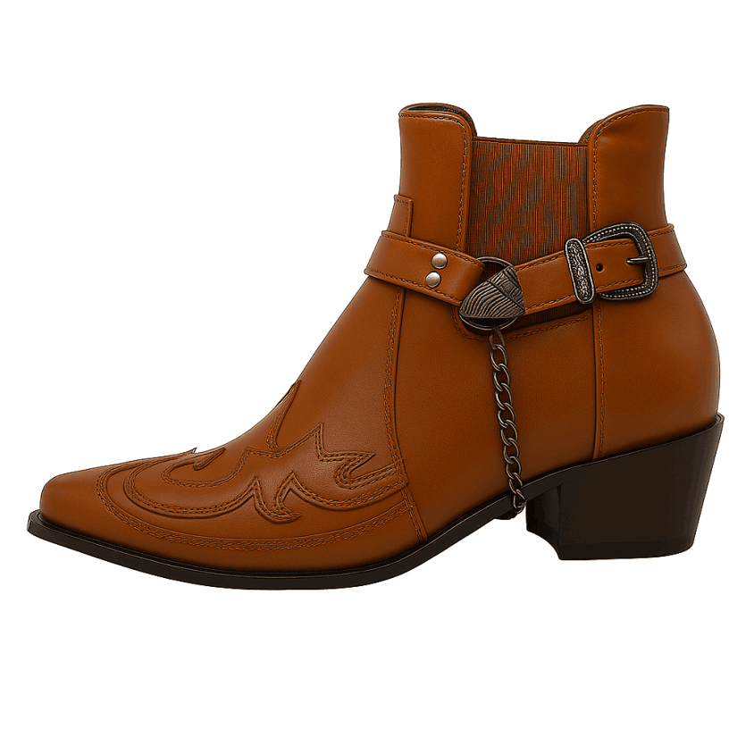 Men's Vintage Cowboy Ankle Boots with Buckles | Pointed Toe Design Yellow
