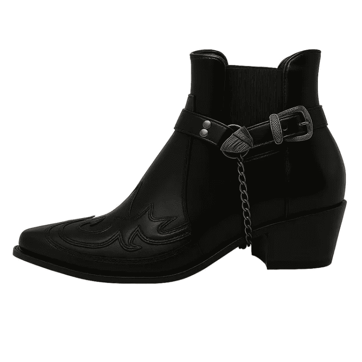 Men's Vintage Cowboy Ankle Boots with Buckles | Pointed Toe Design Black