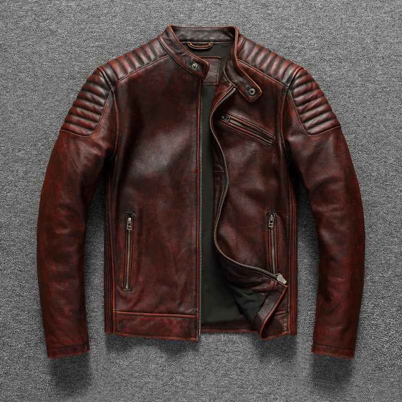 Men's Vintage Genuine Cowhide Leather Biker Jacket - Durable Motorcycle Style Brown