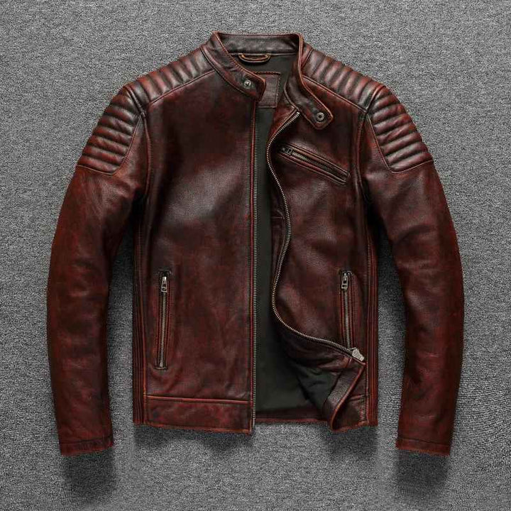 Men's Vintage Genuine Cowhide Leather Biker Jacket - Durable Motorcycle Style Brown