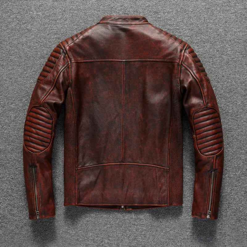 Men's Vintage Genuine Cowhide Leather Biker Jacket - Durable Motorcycle Style