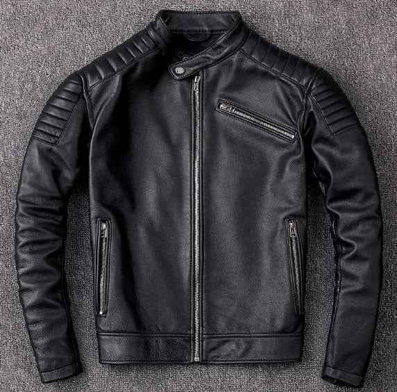 Men's Vintage Genuine Cowhide Leather Biker Jacket - Durable Motorcycle Style Black