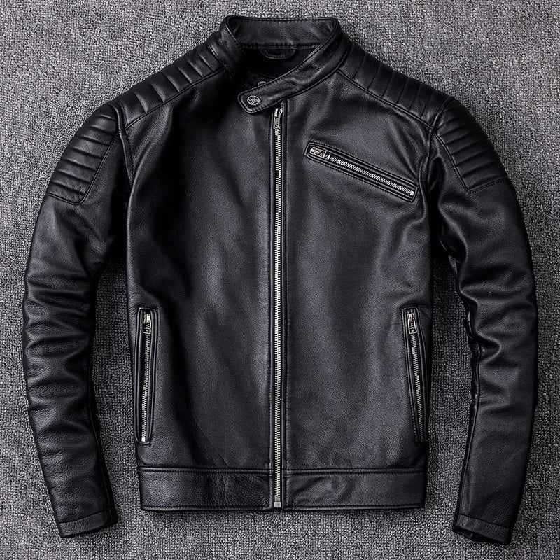 Men's Vintage Genuine Cowhide Leather Biker Jacket - Durable Motorcycle Style