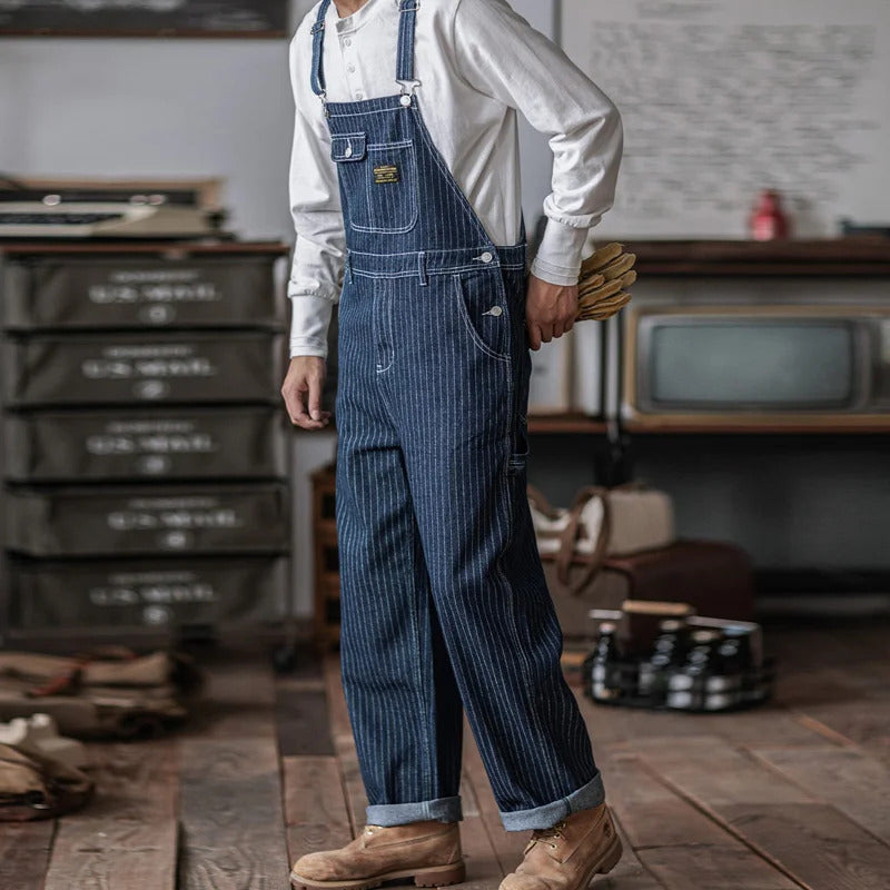 Men's Vintage-Inspired Indigo Denim Work Overalls Striped Blue