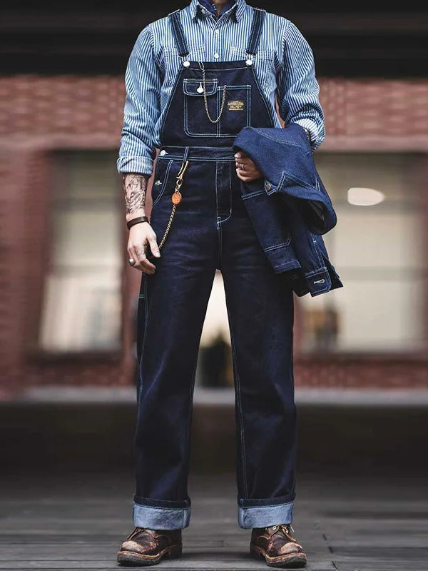 Men's Vintage-Inspired Indigo Denim Work Overalls Dark Blue