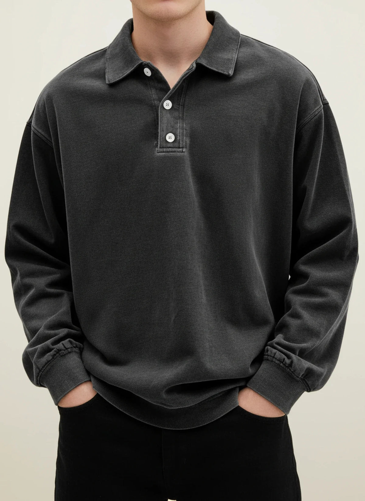 Men's Cotton Polo Shirt Relaxed Fit Blue Grey Long Sleeve Black