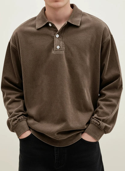 Men's Cotton Polo Shirt Relaxed Fit Blue Grey Long Sleeve Brown
