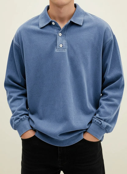 Men's Cotton Polo Shirt Relaxed Fit Blue Grey Long Sleeve Blue