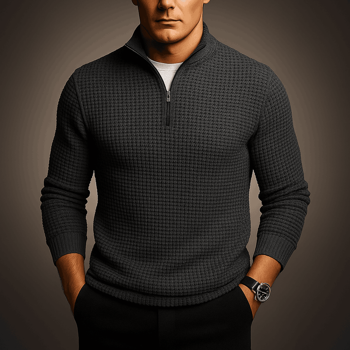 Men's Waffle-Knit Quarter Zip Sweater Gray