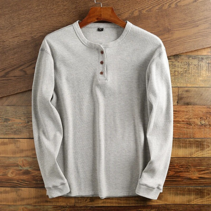 Men's Waffle Texture Long Sleeve Henley Shirt - Button Closure - Regular Fit Light Grey