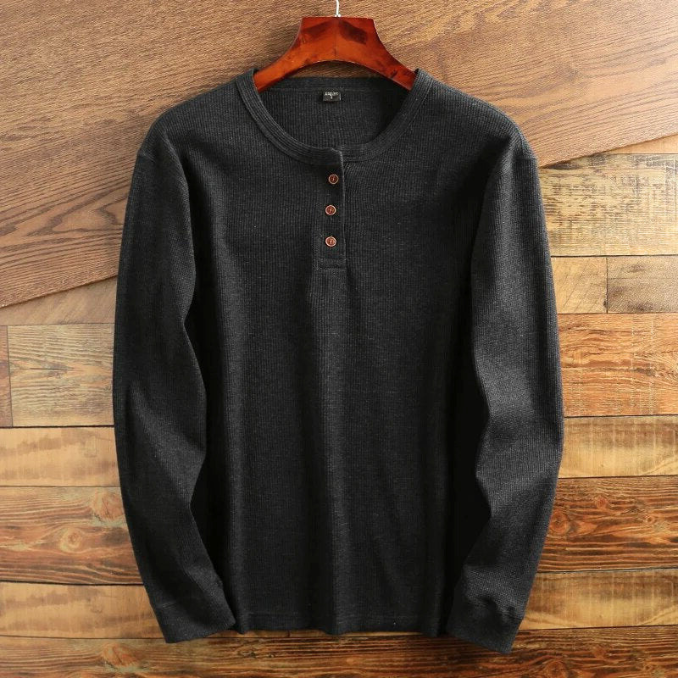Men's Waffle Texture Long Sleeve Henley Shirt - Button Closure - Regular Fit Dark Grey