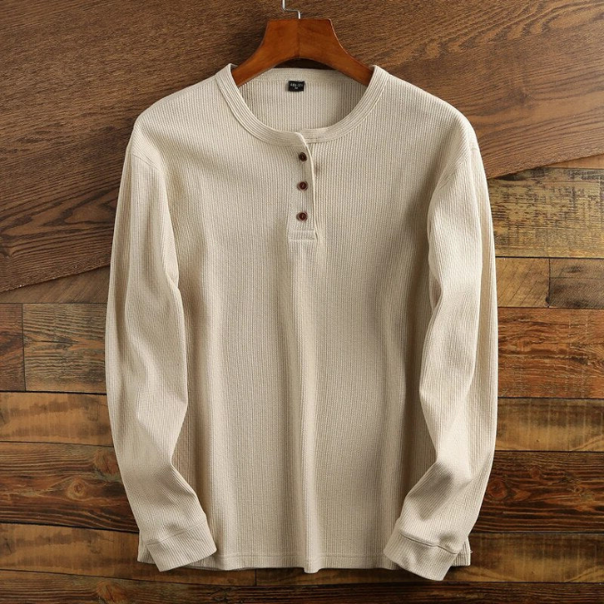 Men's Waffle Texture Long Sleeve Henley Shirt - Button Closure - Regular Fit Khaki