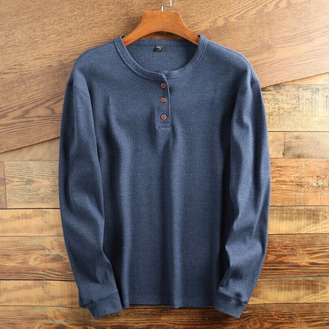Men's Waffle Texture Long Sleeve Henley Shirt - Button Closure - Regular Fit Navy