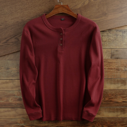 Men's Waffle Texture Long Sleeve Henley Shirt - Button Closure - Regular Fit Red