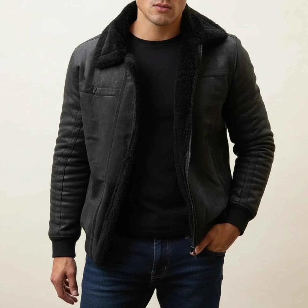 Men's Warm Fur Collar Jacket Black