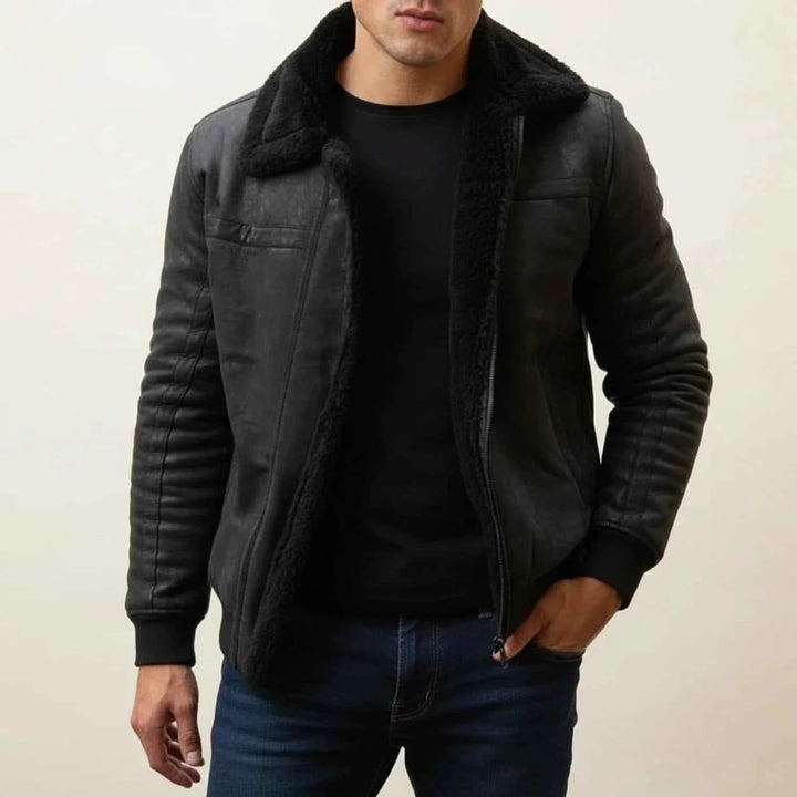 Men's Warm Fur Collar Jacket Black