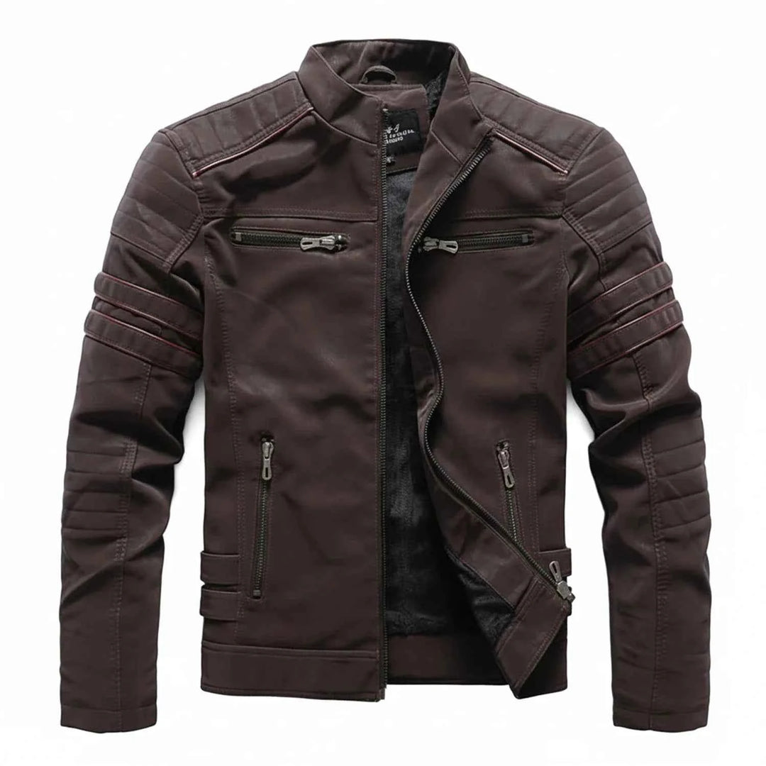 Men's Warm Stand Collar Biker Jacket Brown