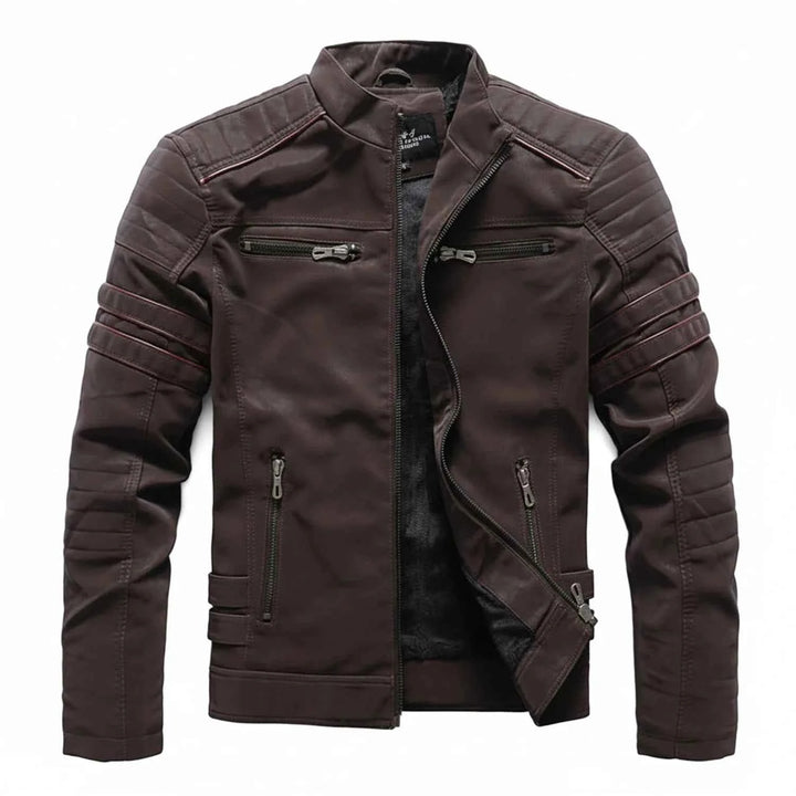 Men's Warm Stand Collar Biker Jacket Brown