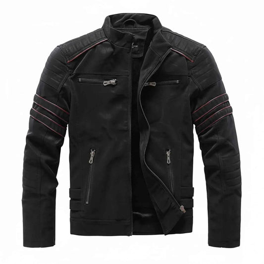 Men's Quilted Leather Stand Collar Biker Black Winter Jacket Black