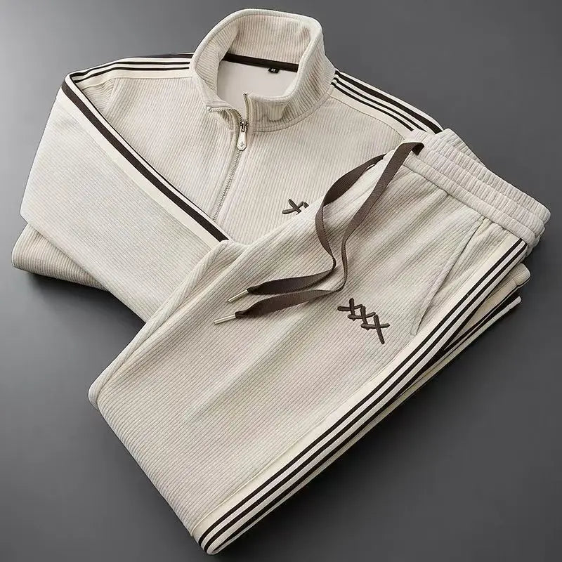 Men’s Warm Zip-Up Sports Set – Two-Piece Jacket & Pants Beige