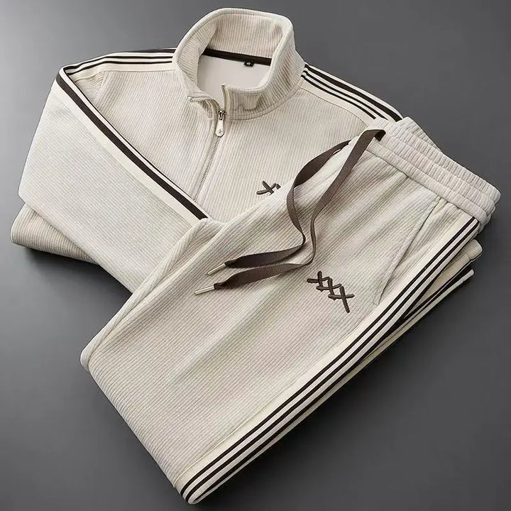 Men’s Warm Zip-Up Sports Set – Two-Piece Jacket & Pants Beige