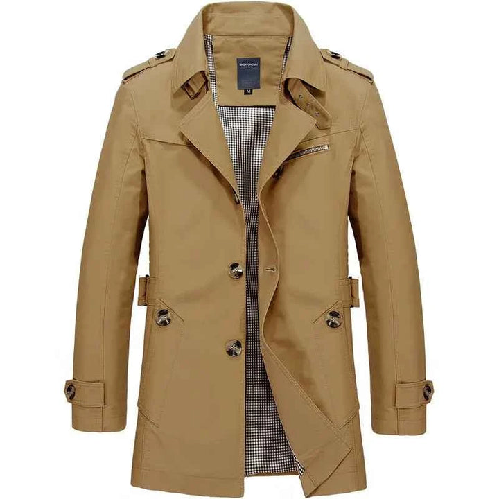 Men's Water-Repellent Double-Breasted Trenchcoat with Belt - Fitted & Lined Khaki