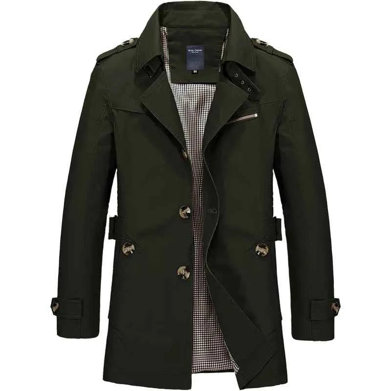 Men's Water-Repellent Double-Breasted Trenchcoat with Belt - Fitted & Lined Green
