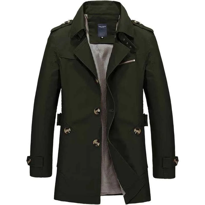 Men's Water-Repellent Double-Breasted Trenchcoat with Belt - Fitted & Lined Green