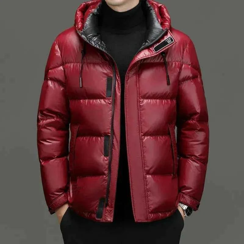 Men's Water-Repellent Down Jacket – Regular Fit with Hood and Zip/Button Closure Red