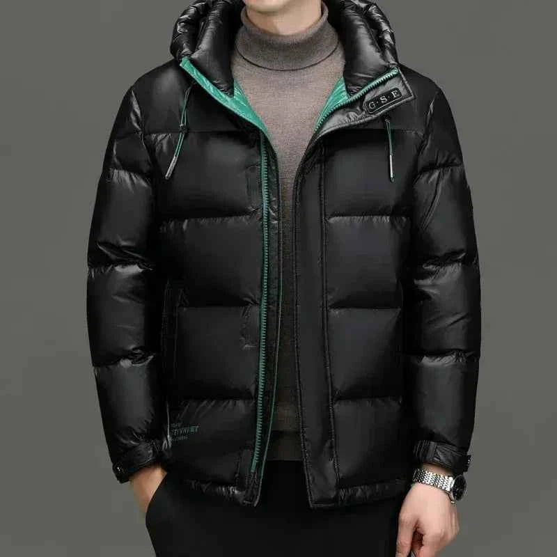Men's Water-Repellent Down Jacket – Regular Fit with Hood and Zip/Button Closure Black