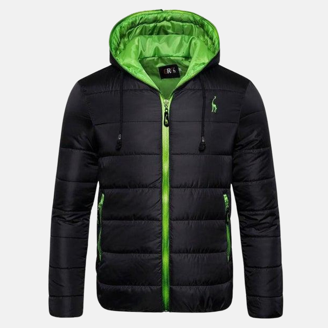 Men's Water-Repellent Down Jacket – Regular Fit with Hood and Zipper Green