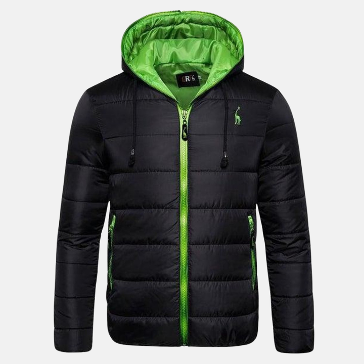 Men's Water-Repellent Down Jacket – Regular Fit with Hood and Zipper Green