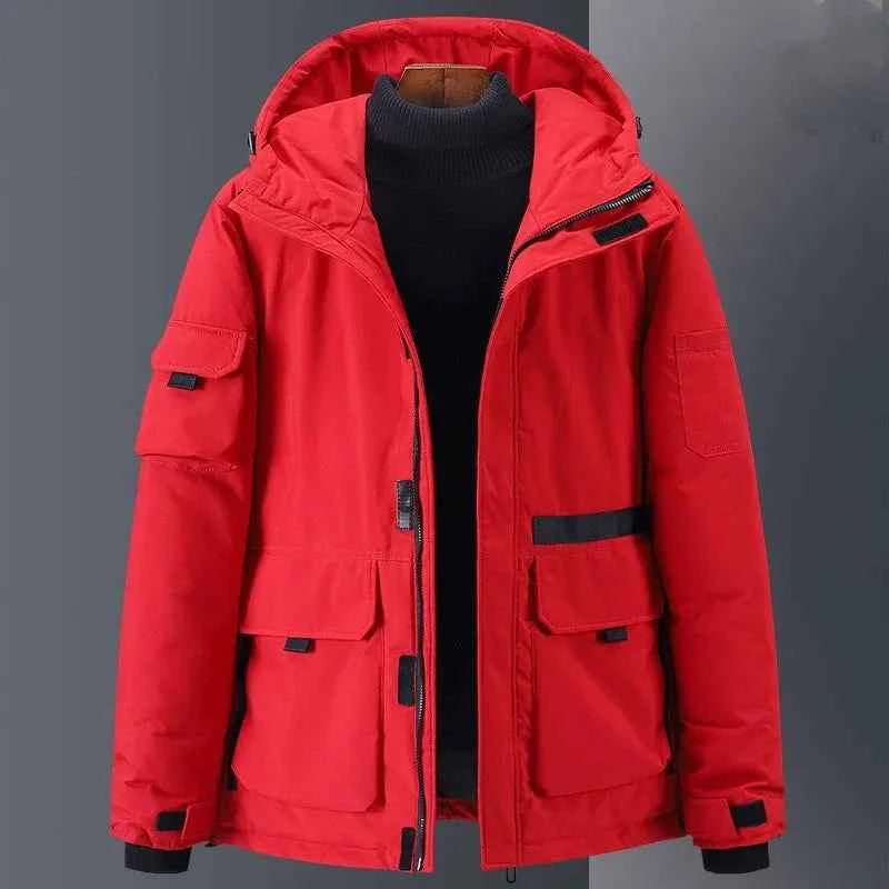 Men's Water-Repellent Down Jacket – Relaxed Fit with Hood and Pockets Red