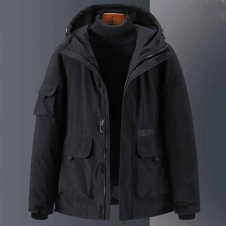 Men's Water-Repellent Down Jacket – Relaxed Fit with Hood and Pockets Black