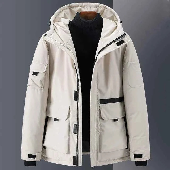Men's Water-Repellent Down Jacket – Relaxed Fit with Hood and Pockets White