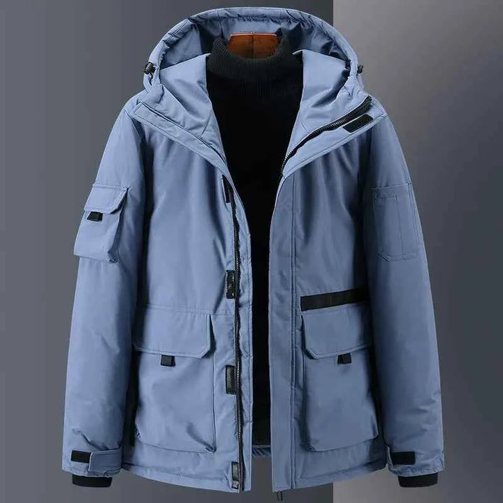 Men's Water-Repellent Down Jacket – Relaxed Fit with Hood and Pockets Blue
