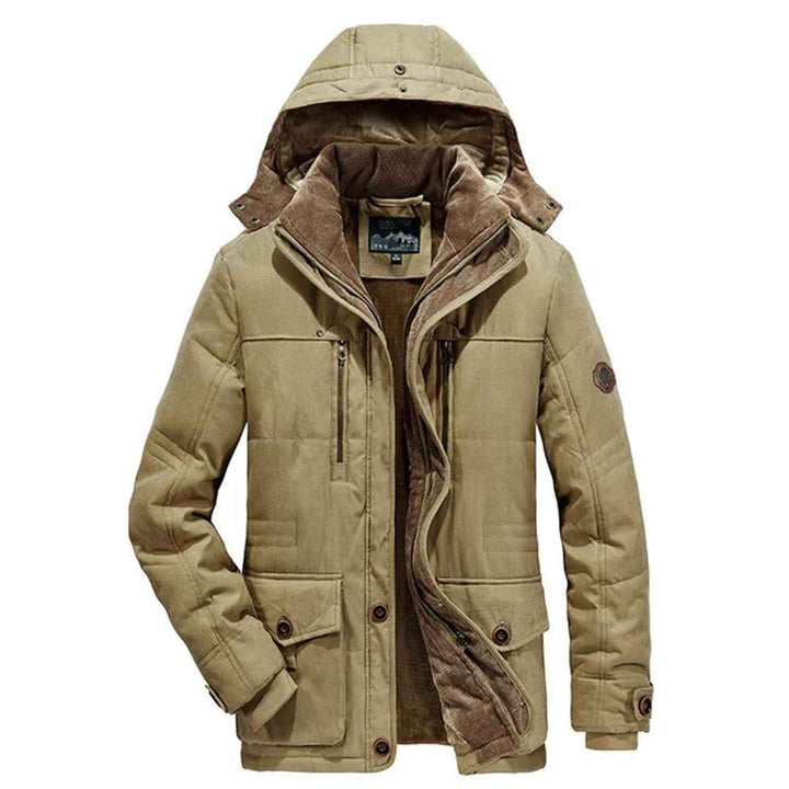 Men's Water-Repellent Jacket – Regular Fit with Fleece Lining and Detachable Hood Khaki