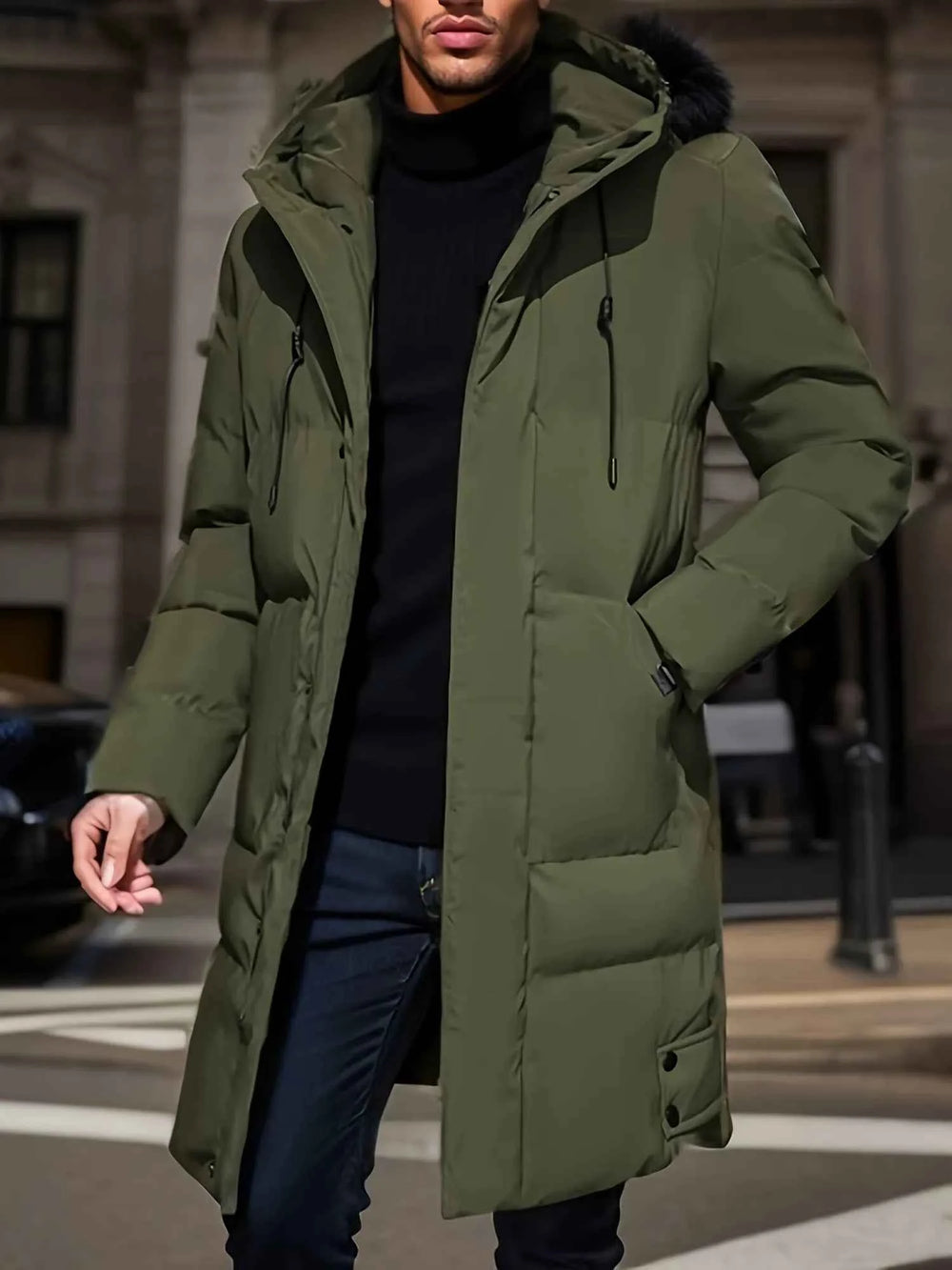 Men's Water-Repellent Long Puffer Jacket with Hood - Lined Comfort Fit Green