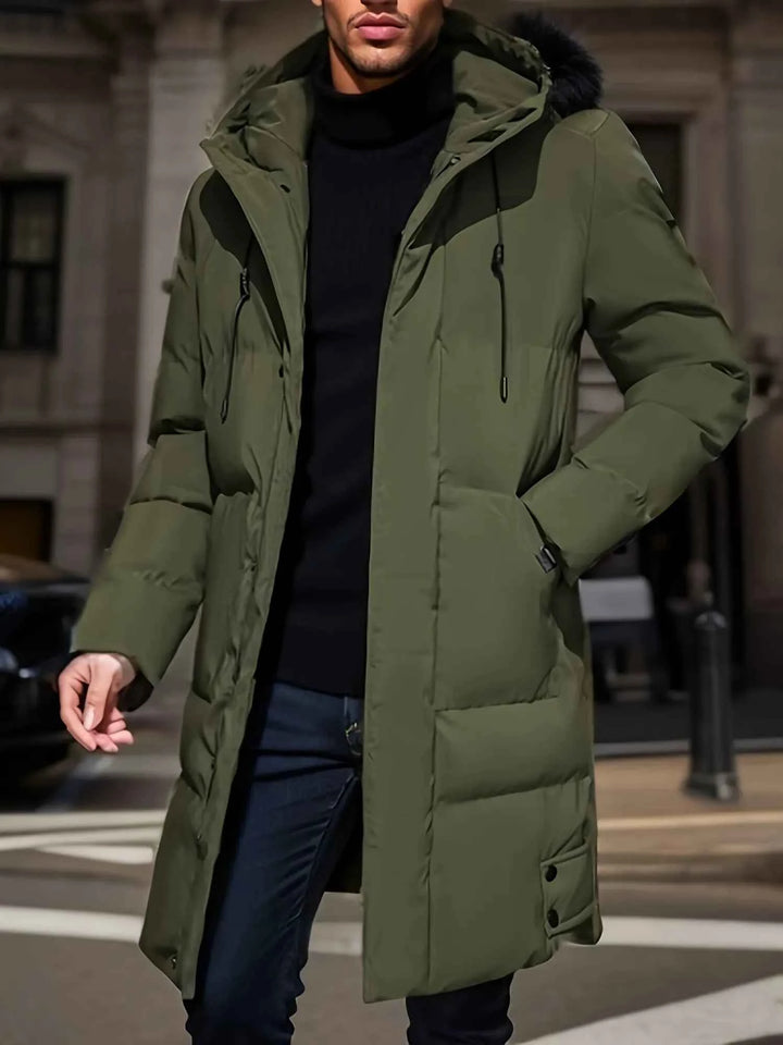 Men's Water-Repellent Long Puffer Jacket with Hood - Lined Comfort Fit Green