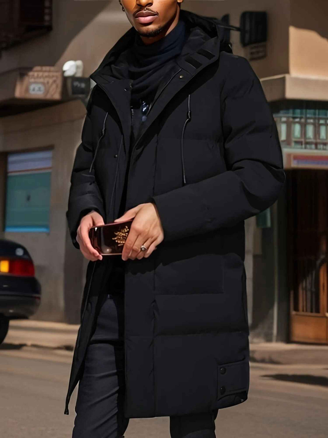 Men's Water-Repellent Long Puffer Jacket with Hood - Lined Comfort Fit Black