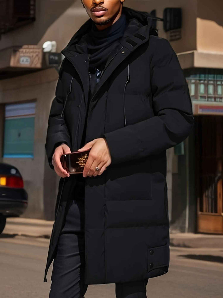 Men's Water-Repellent Long Puffer Jacket with Hood - Lined Comfort Fit Black